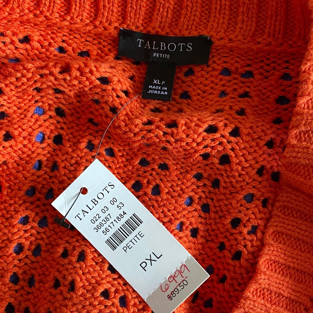 Talbots Bright Orange Crew Neck Sweater, Size XLP NWT - Picture 3 of 5